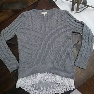 Monteau cable knit sweater..gray with cream lace